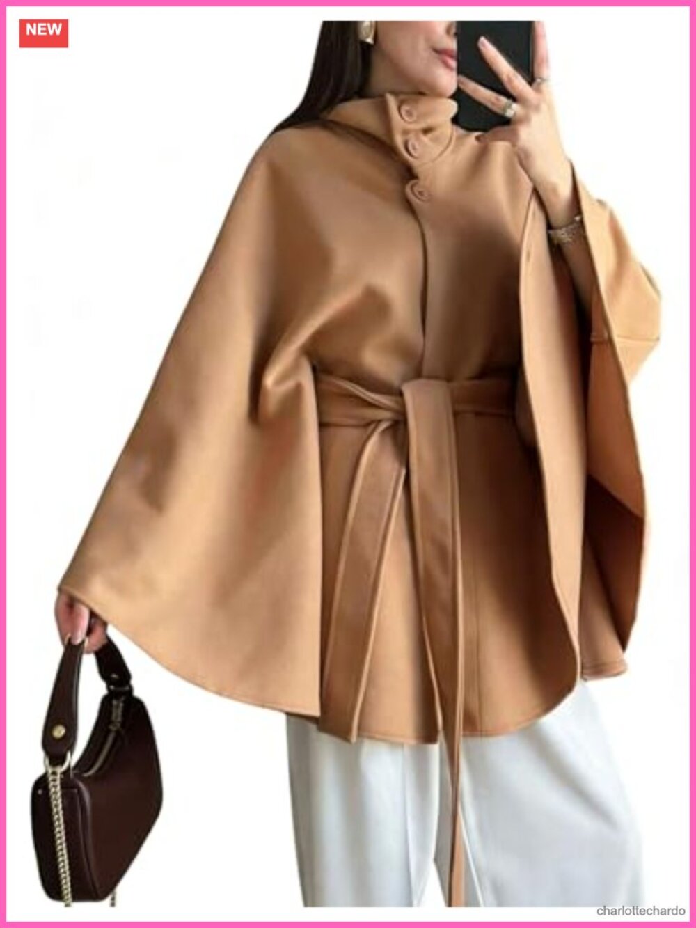 Womens Wool Blend Poncho Pea Coat Cape Coat Belted Stand Collar Trench Outerwear